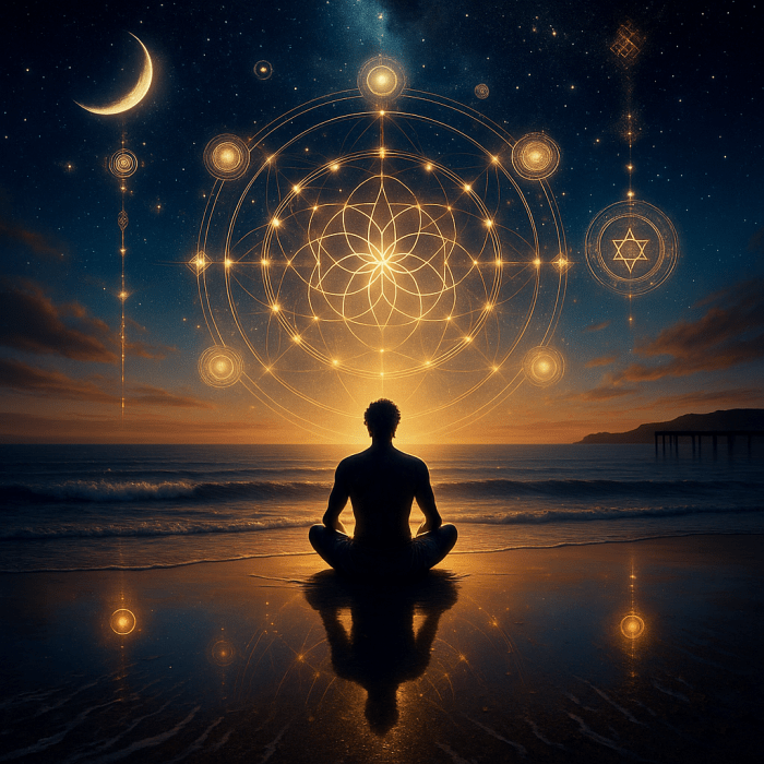 غلاف كتاب «مسار العودة — بين الأرض والنجوم: درب الحالم المستيقظ»؛ رجلٌ يتأمّل على شاطئ البحر ليلًا تحت نجومٍ ورموزٍ كونيةٍ ذهبية.