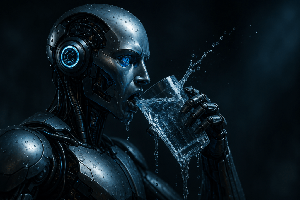 Illustration conceptuelle d'un robot humanoïde buvant un verre d'eau, symbolisant la consommation de ressources et d'eau liée au fonctionnement des intelligences artificielles.