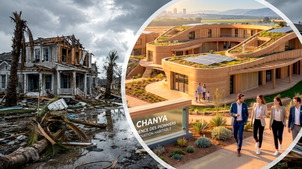 Contrast between hurricane devastation and resilient, sustainable architecture illustrating the need to rethink how we build in response to climate change.