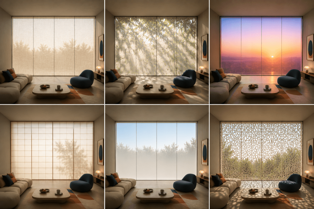 Illustration des différentes ambiances créées par un film LED transparent intelligent appliqué sur une baie vitrée : occultation, lumière naturelle, coucher de soleil, écran décoratif et vitrage interactif.