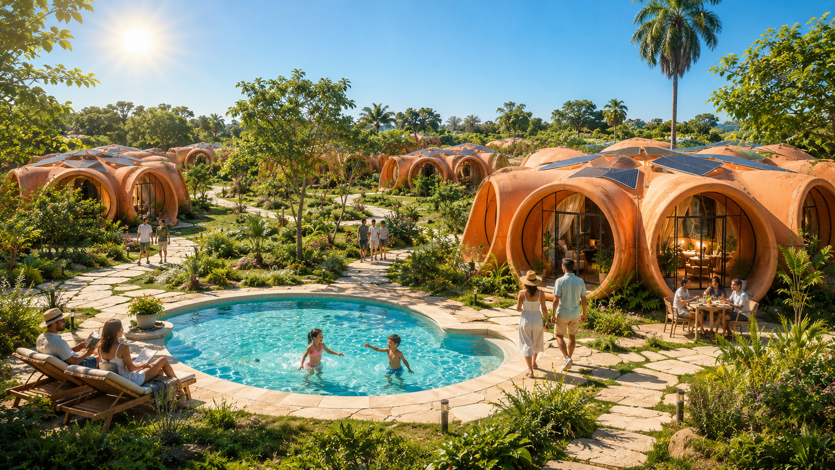 Visualisation conceptuelle d'un éco-resort CHANYA composé d'habitats modulaires en forme d'étoile, alimentés à l'énergie solaire, situés dans un cadre paysager avec piscine, jardins et espaces de vie partagés.