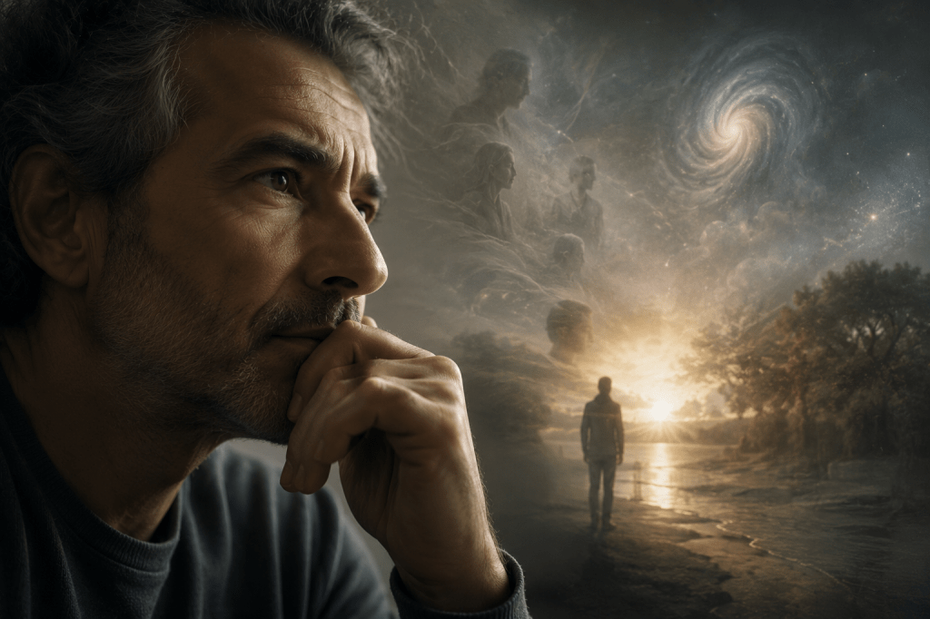 Portrait d'un homme en pleine réflexion face à un paysage symbolisant le chemin de vie, la conscience, le libre arbitre et la quête de sens entre le monde physique et la dimension spirituelle.