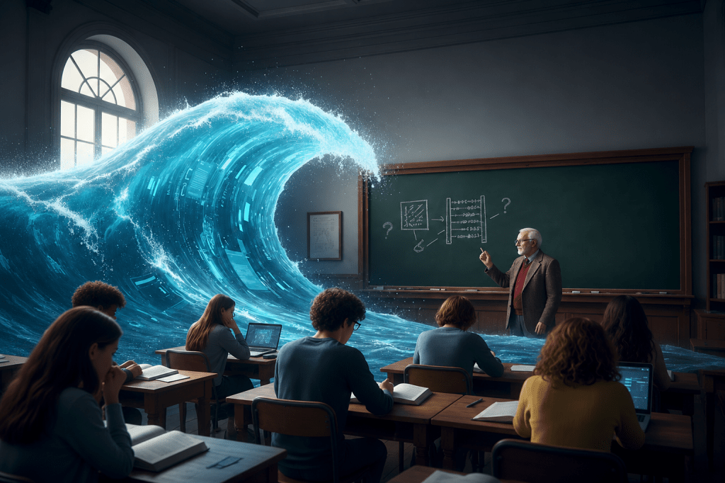 Salle de classe traditionnelle confrontée à une vague numérique symbolisant la révolution de l'intelligence artificielle et les défis de l'enseignement supérieur.