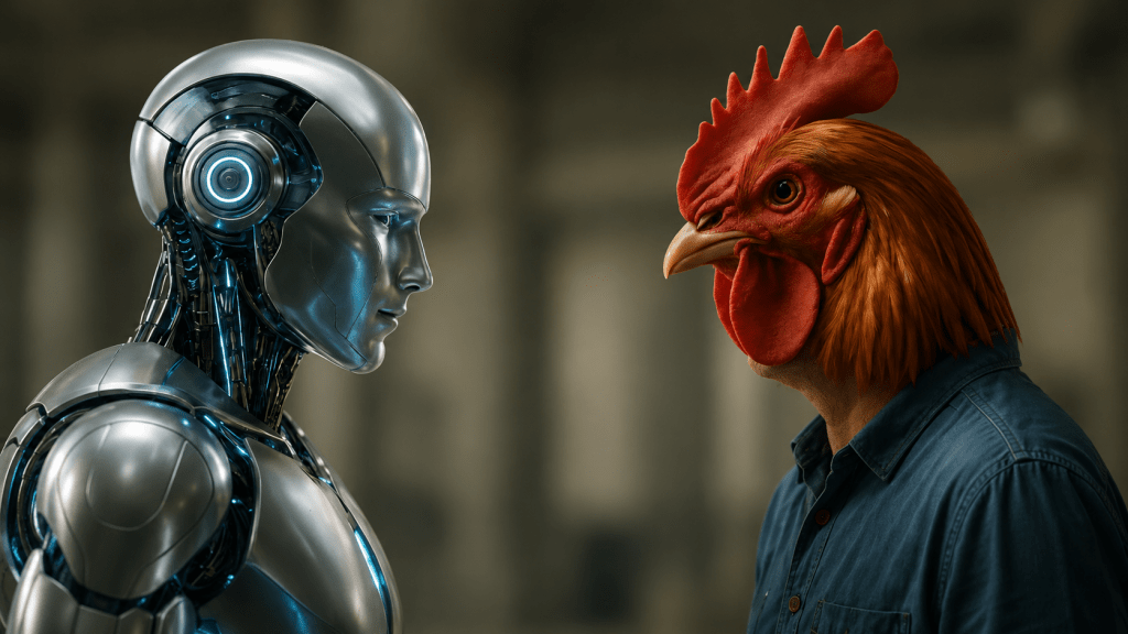 Symbolic illustration of a humanoid robot facing a man with a rooster's head, representing Geoffrey Hinton's warnings about the risks of uncontrolled artificial intelligence.
