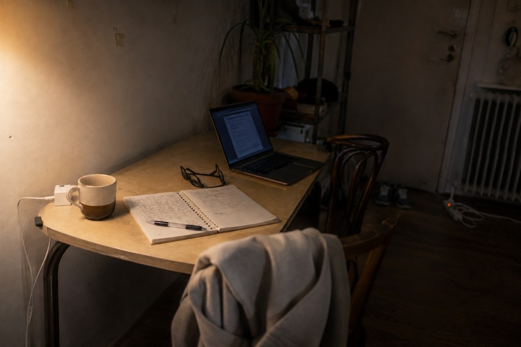 Table de cuisine servant de bureau la nuit : carnet de notes manuscrites, stylo, ordinateur portable allumé, mug et lunettes. Une chaise vide de l'autre côté de la table.