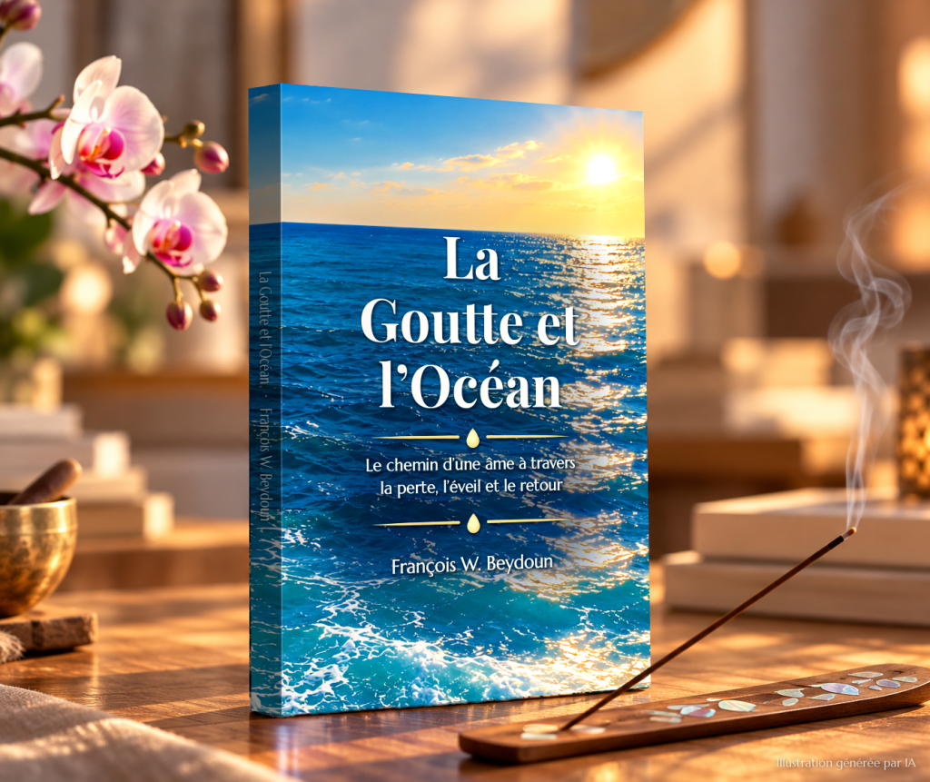 Illustration générée par IA : le livre La Goutte et l'Océan de François W. Beydoun posé debout sur une table en bois, entre une orchidée et un bâton d'encens, dans une lumière dorée.