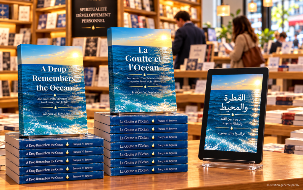 Illustration générée par IA : les éditions française et anglaise de La Goutte et l'Océan en broché sur une table de librairie, et l'édition arabe sur liseuse.