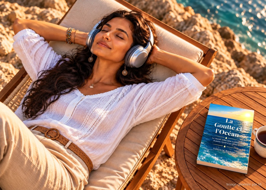 Illustration générée par IA : une femme écoute le livre audio de La Goutte et l'Océan au bord de la mer, le livre posé sur une table à côté d'elle.